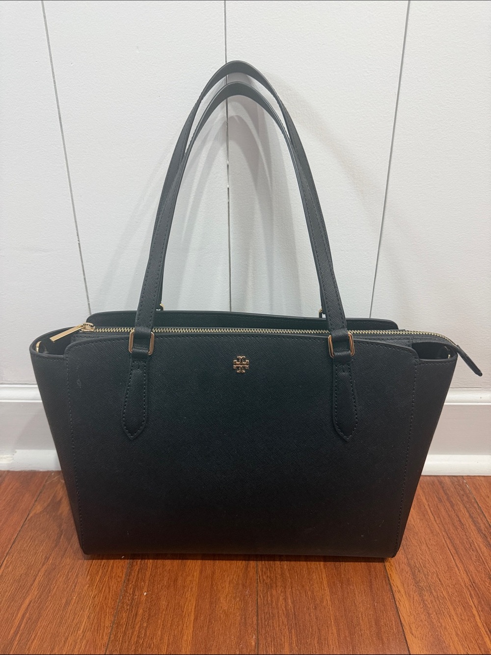 Tory Burch Black Saffiano Leather Zip Top Tote Shoulder Bag Gold Hardware